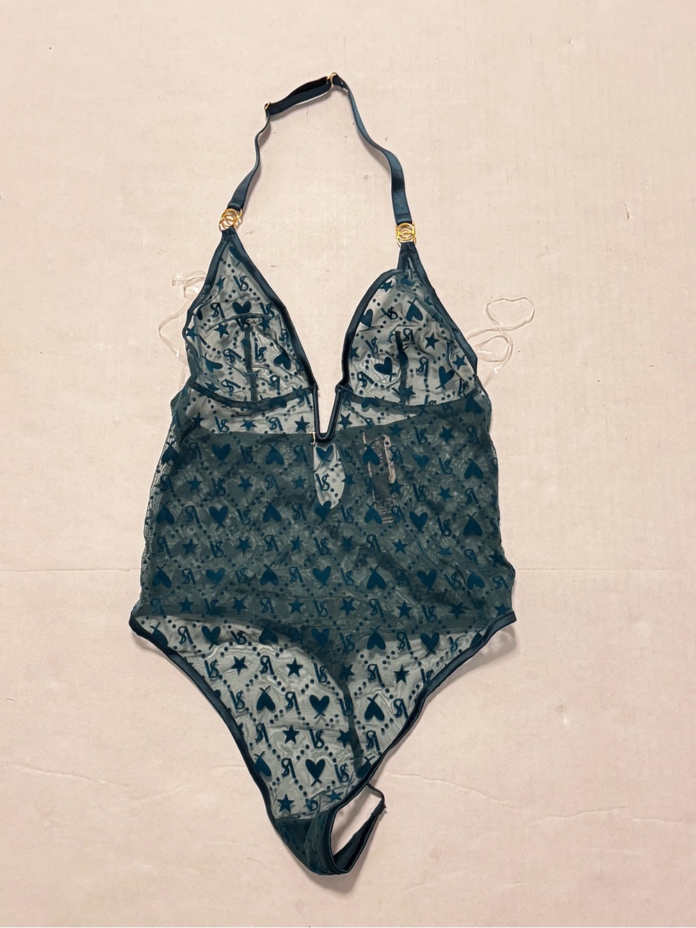 NWT! Victoria’s Secret Women’s Sheer VS Heart Patterned Teddy Thong Lingerie S